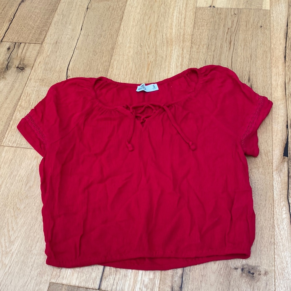 Hollister Red Lacey Sleeve V Neck Criss Cross Tee